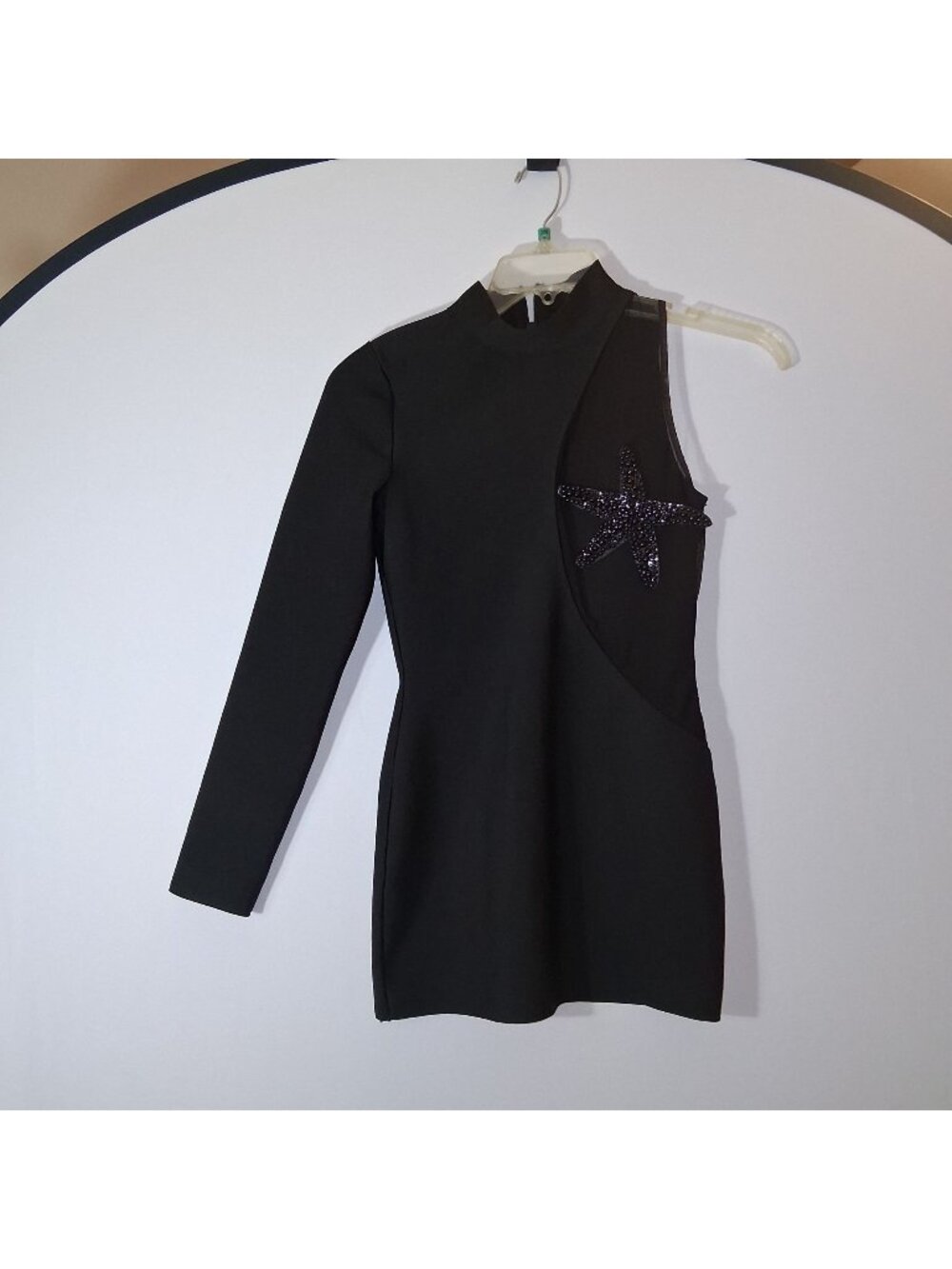 Black Long-Sleeve Mini Dress W/Starfish Beaded Design & Sheer Mesh Panel -MEDIUM
